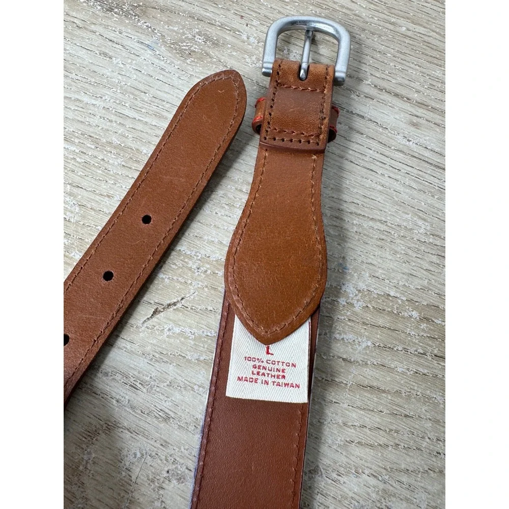Brooks Brothers Mens Plaid Cotton and Leather Belt Brown Blue Pink Size Large